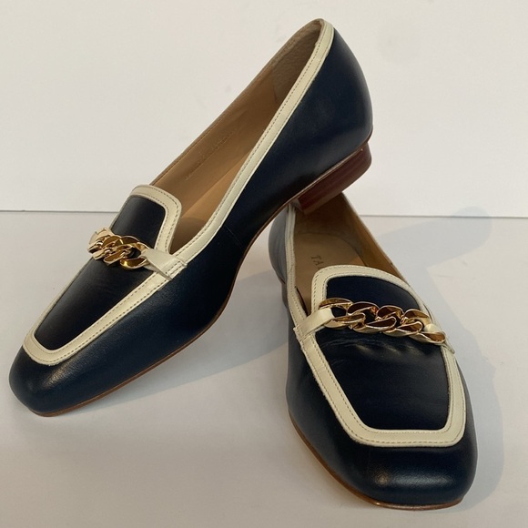 Talbots Estelle Chain Square Toe Leather Loafers Navy White Sz 6.5 - Picture 2 of 9